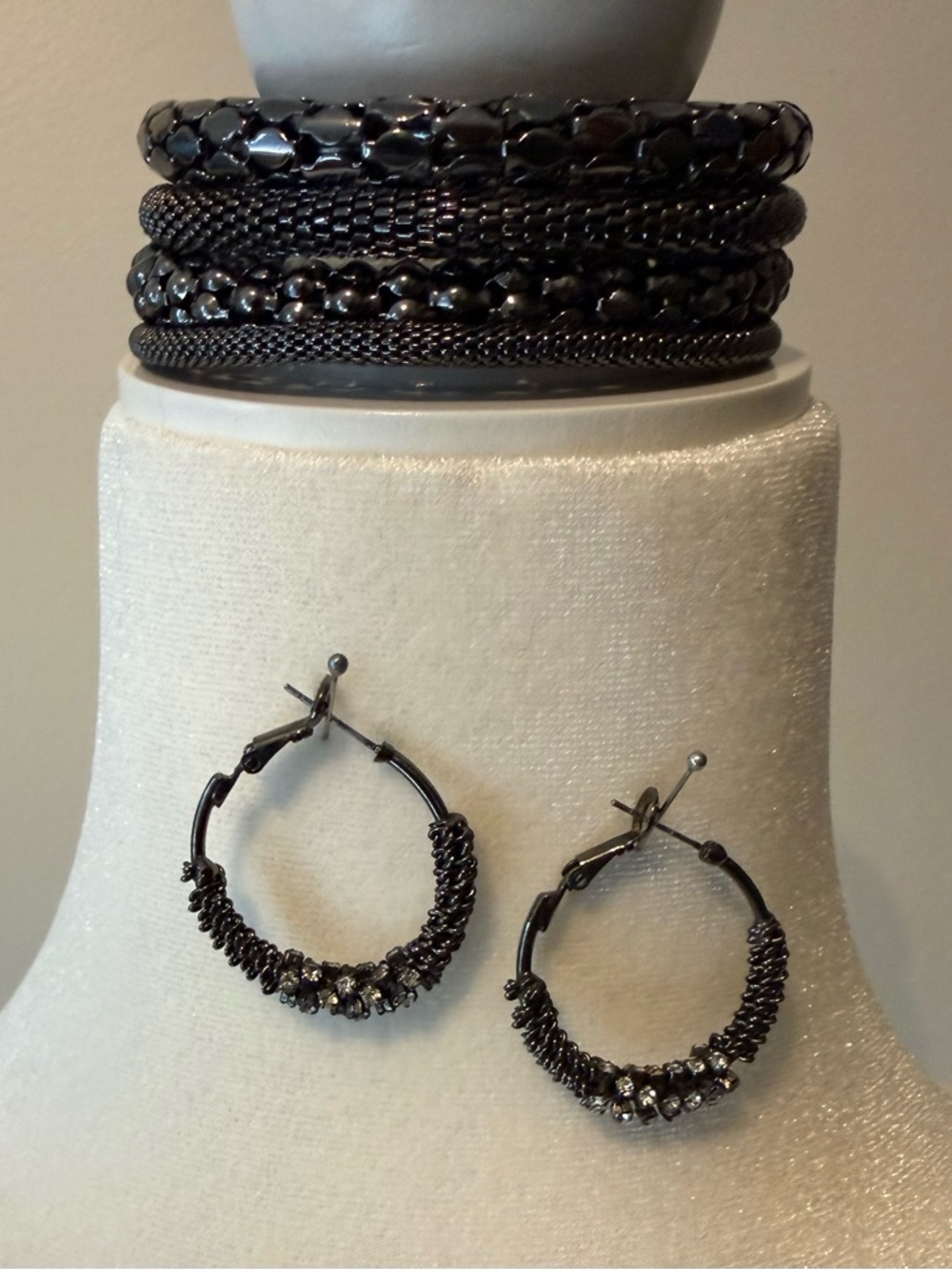 Gray Metal Bangle Bracelets and Hoop Earrings Set